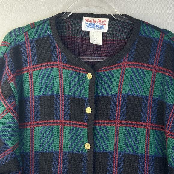 Vintage Tally Ho Cardigan Sweater Women 1X Green Blue Plaid Christmas Preppy - Picture 3 of 8